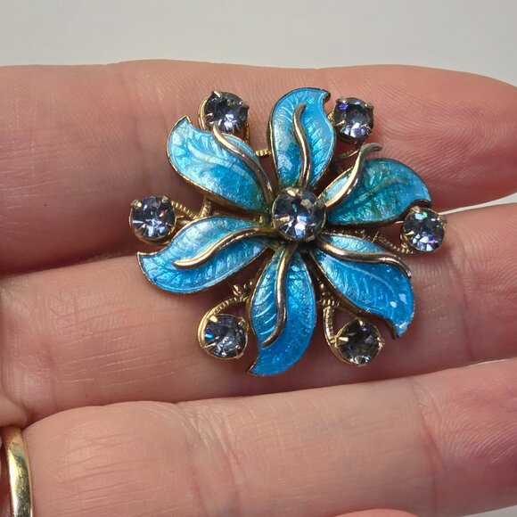 Vintage Blue Enamel Rhinestone Flower Brooch Pin Mid Century Guilloche Style - Picture 10 of 11